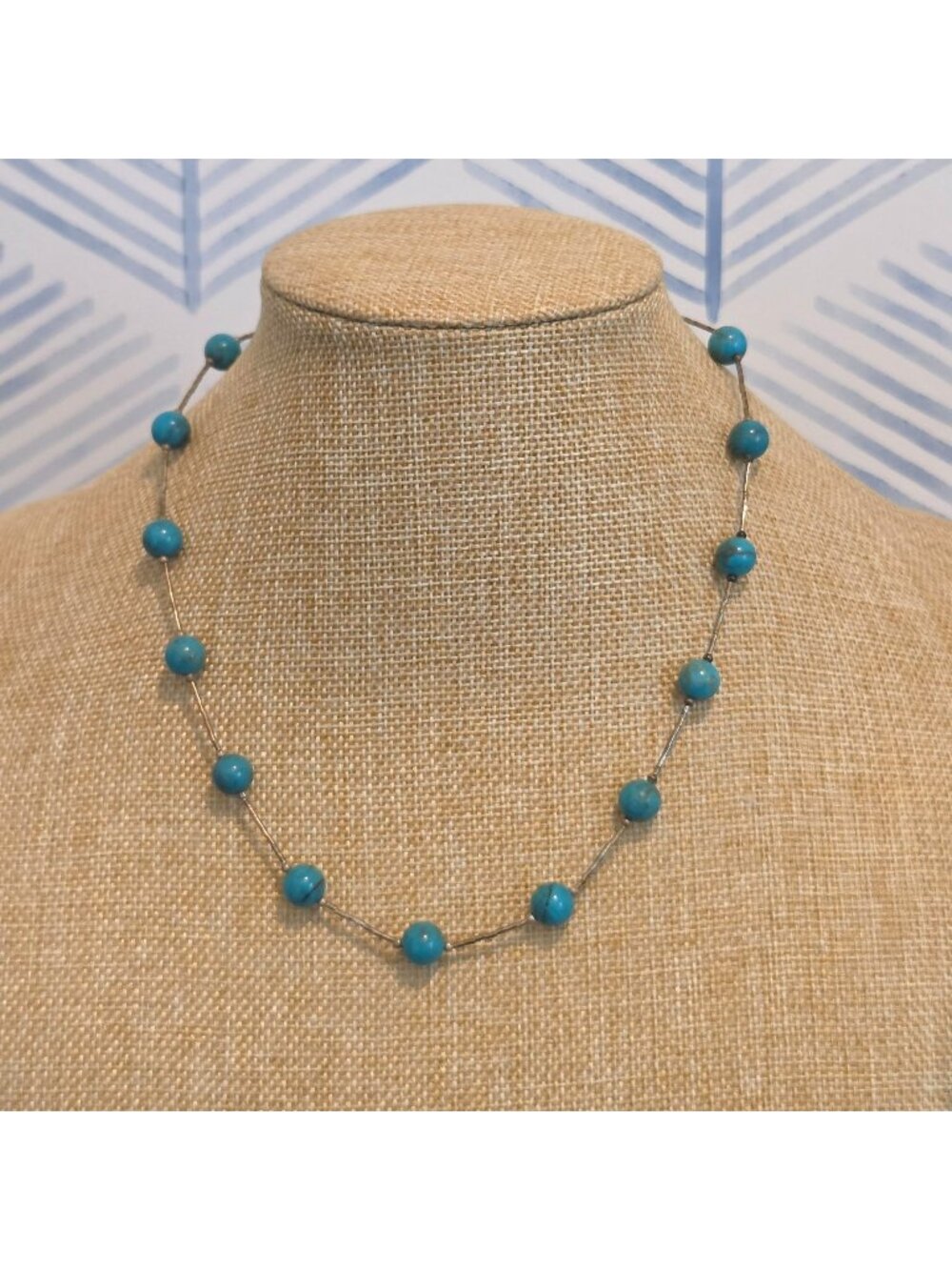 Turquoise Blue Stone Beaded 16" Sterling Silver Necklace
